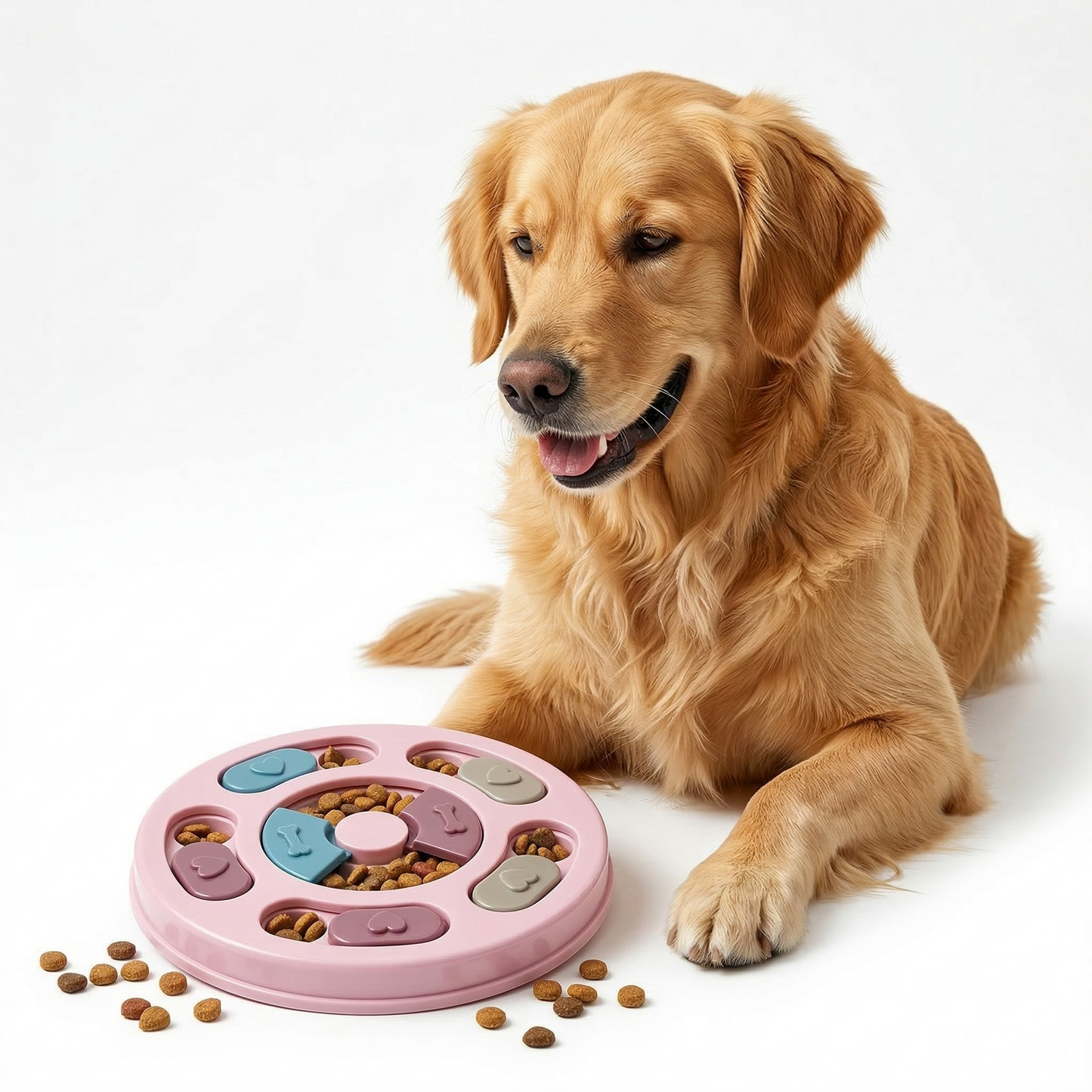 Slow feed dog puzzle toy displayed on floor for indoor enrichment and boredom reduction