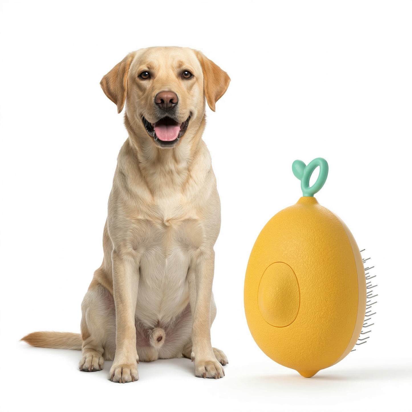 Side view of dog deshedding brush illustrating ergonomic shape for controlled grooming movements
