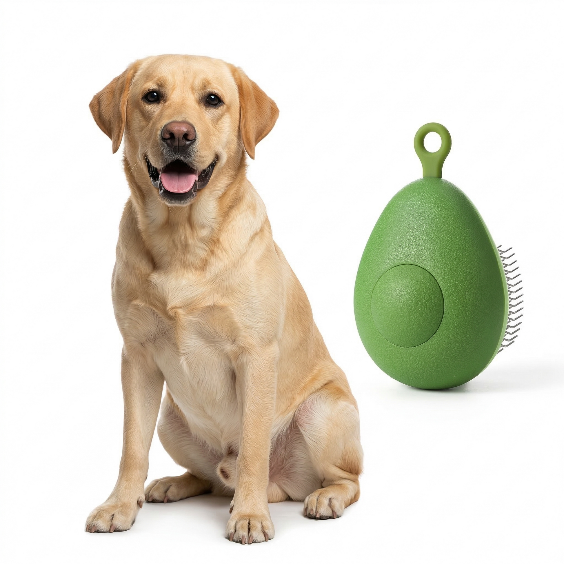 Handheld dog deshedding brush used on medium coat dog to remove loose hair during brushing