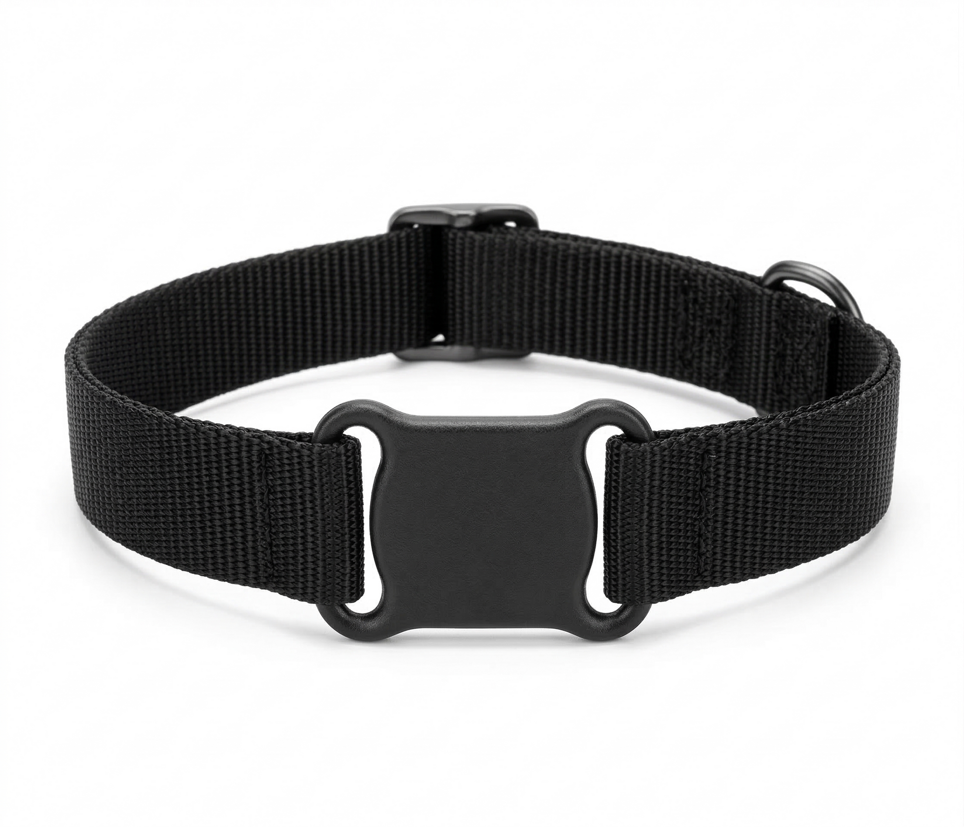 White dog GPS tracker collar device clipped onto collar designed to help locate dogs if they wander away