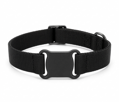 White dog GPS tracker collar device clipped onto collar designed to help locate dogs if they wander away