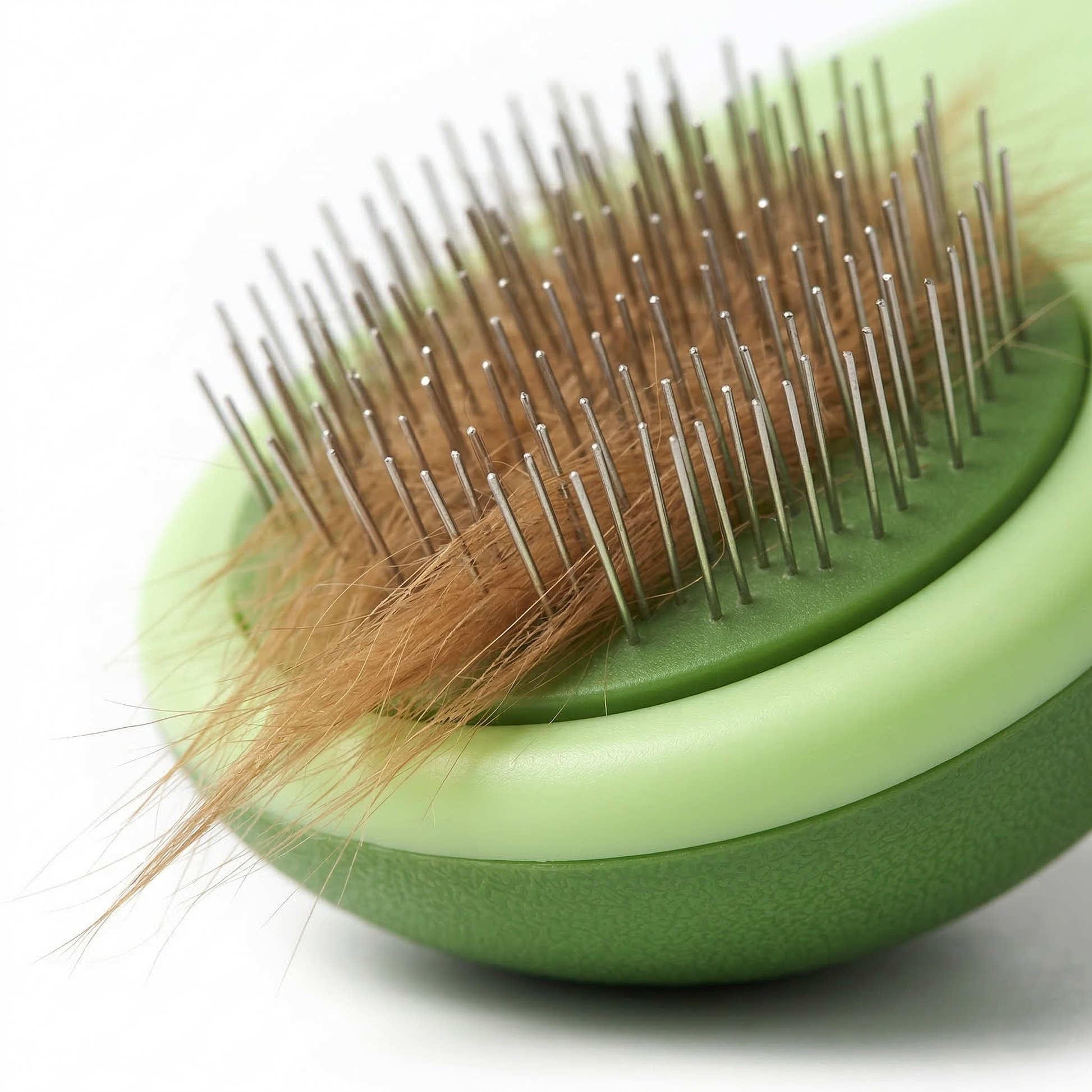 Dog deshedding brush with stainless steel pins shown removing loose fur from dog coat during grooming