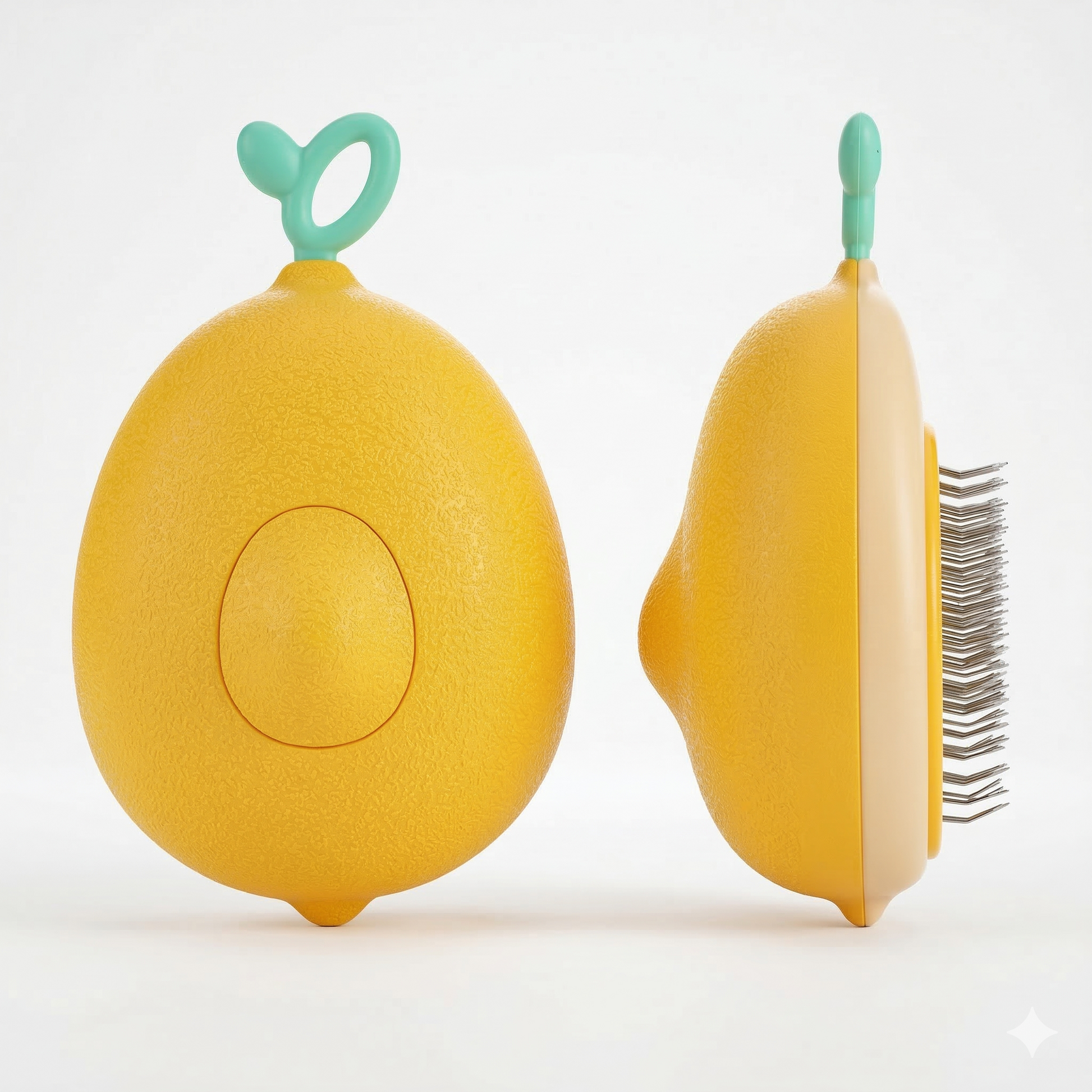 Avocado shaped dog deshedding brush held in hand highlighting metal needle bristles for fur removal