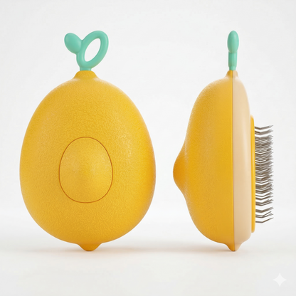 Avocado shaped dog deshedding brush held in hand highlighting metal needle bristles for fur removal