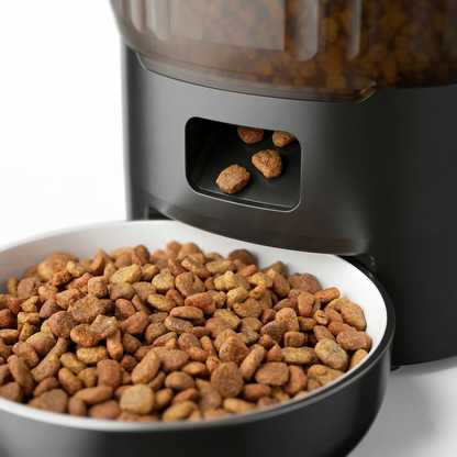 Automatic dog feeder with 4L container shown dispensing kibble into bowl for scheduled feeding