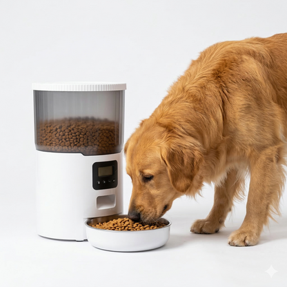 Close view of automatic dog feeder bowl area where kibble is released during feeding cycle