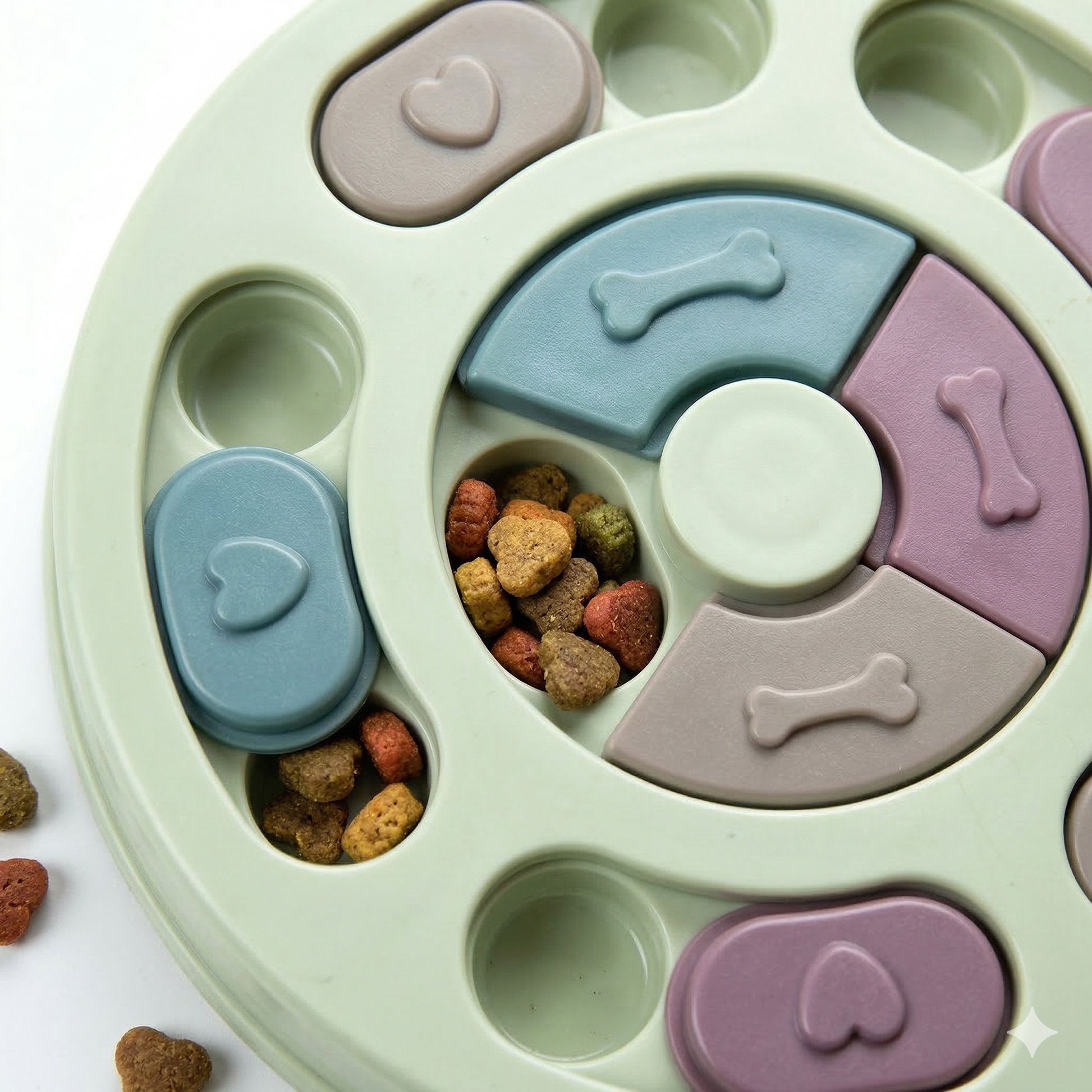 Close up of dog puzzle feeder showing movable sliders that dogs push with nose or paw to get food