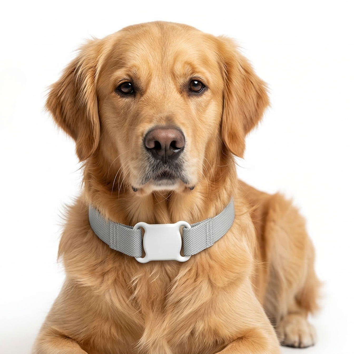 Small dog wearing a dog GPS tracker collar device attached securely for real time location tracking outdoors