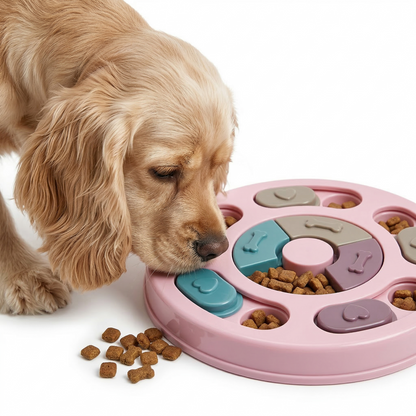 Dog puzzle feeder with sliding panels shown holding kibble to slow eating and stimulate problem solving