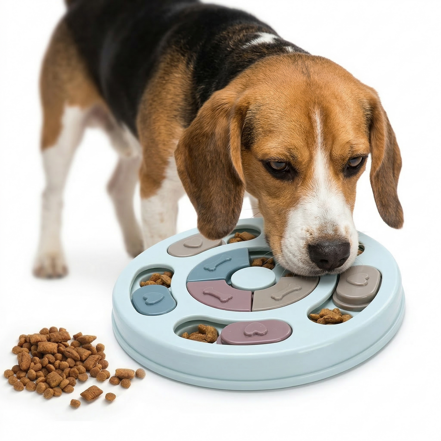 Interactive dog puzzle feeder toy filled with treats demonstrating hidden compartments for food rewards