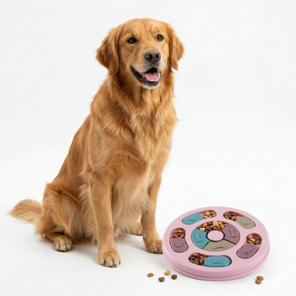 Dog puzzle feeder with treats placed in compartments for controlled eating pace and stimulation