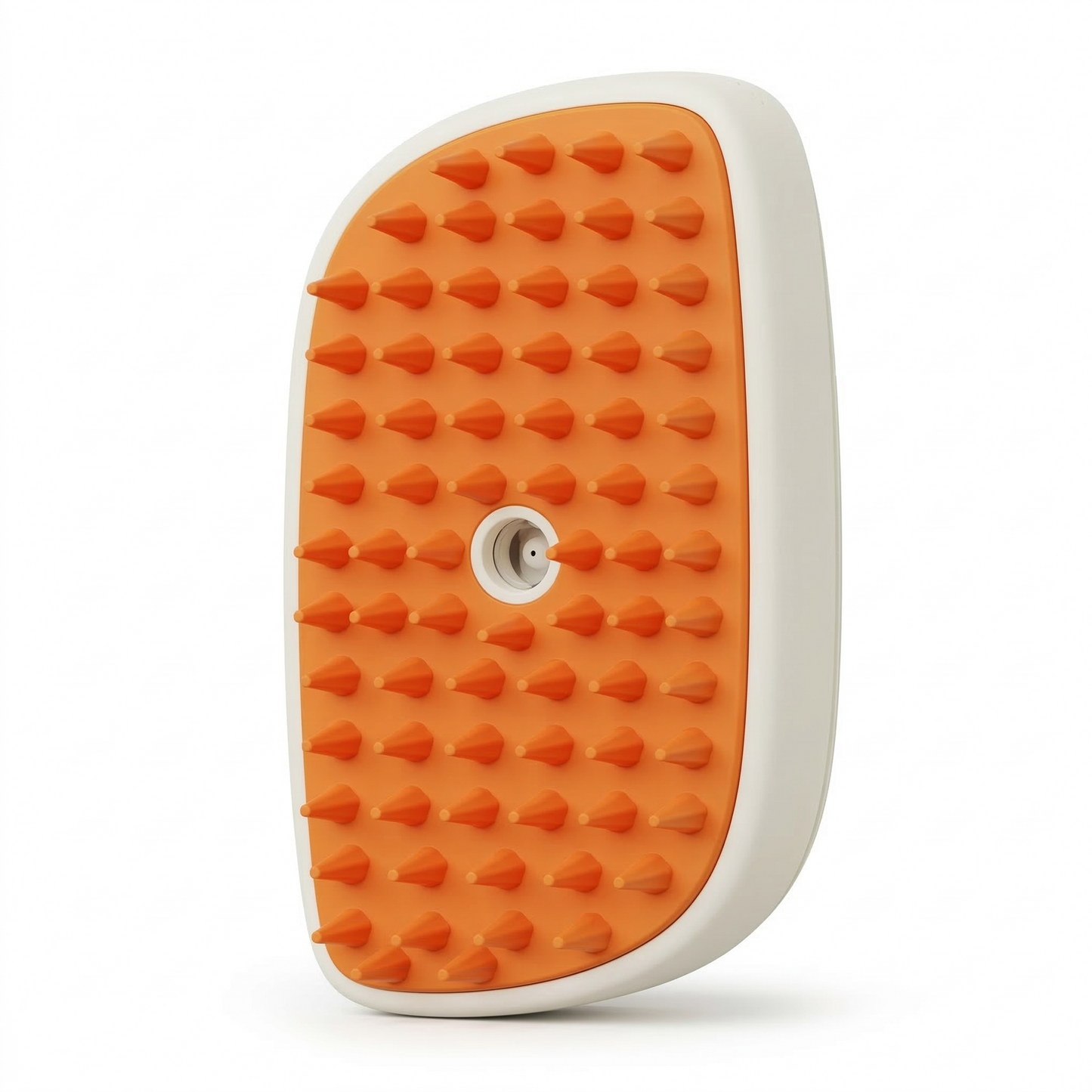 Handheld dog steam brush with mist spray function shown for grooming loose fur and debris removal on dog coat
