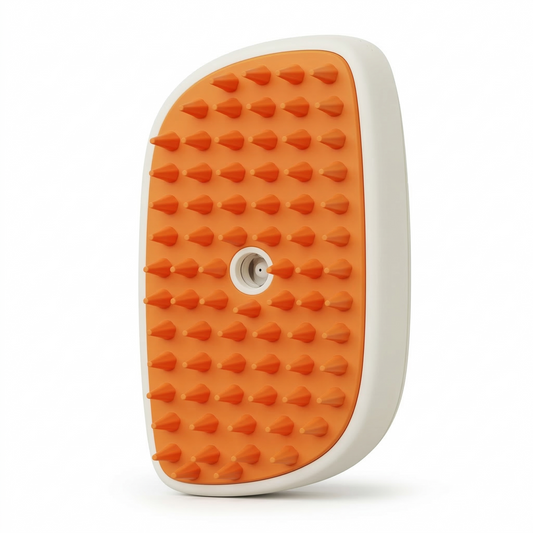 Handheld dog steam brush with mist spray function shown for grooming loose fur and debris removal on dog coat