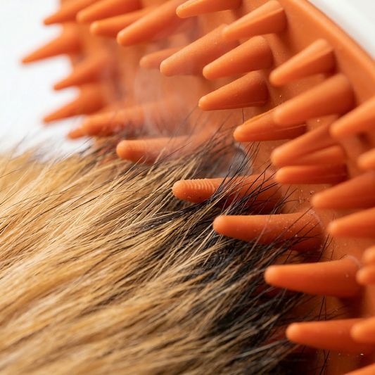 Orange USB rechargeable dog steam brush displayed close up showing bristles and spray outlet for grooming