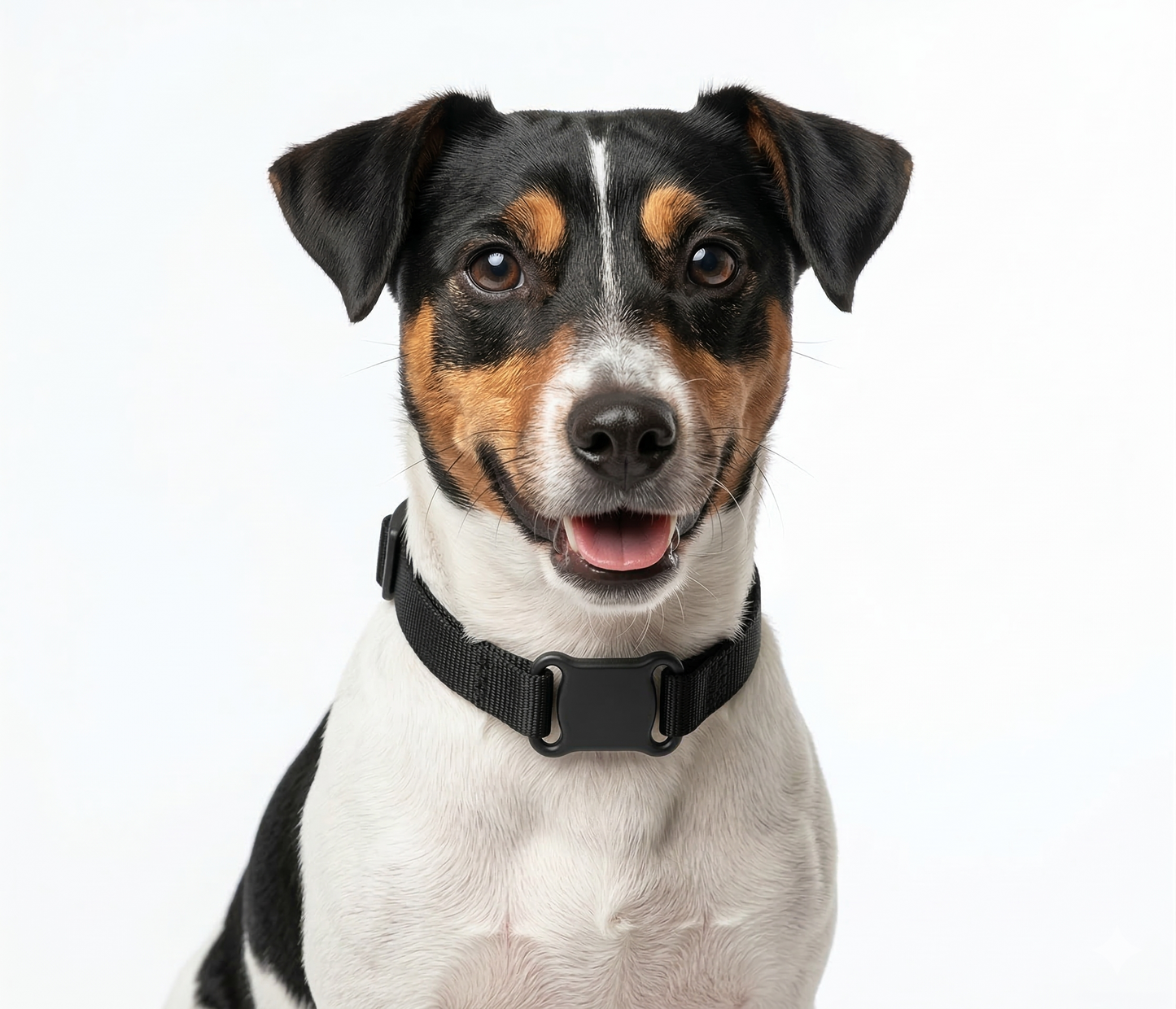Black dog GPS tracker collar attached to a medium size dog for location tracking during outdoor walk