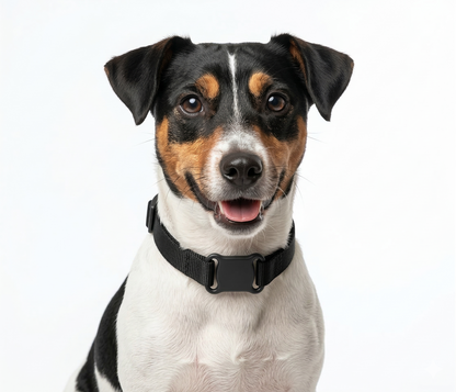 Black dog GPS tracker collar attached to a medium size dog for location tracking during outdoor walk