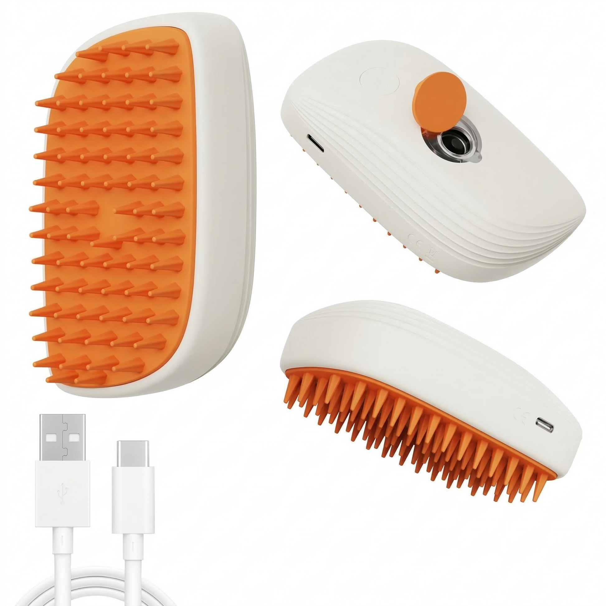 White dog steam brush used on dog coat demonstrating gentle brushing with light mist for shedding control