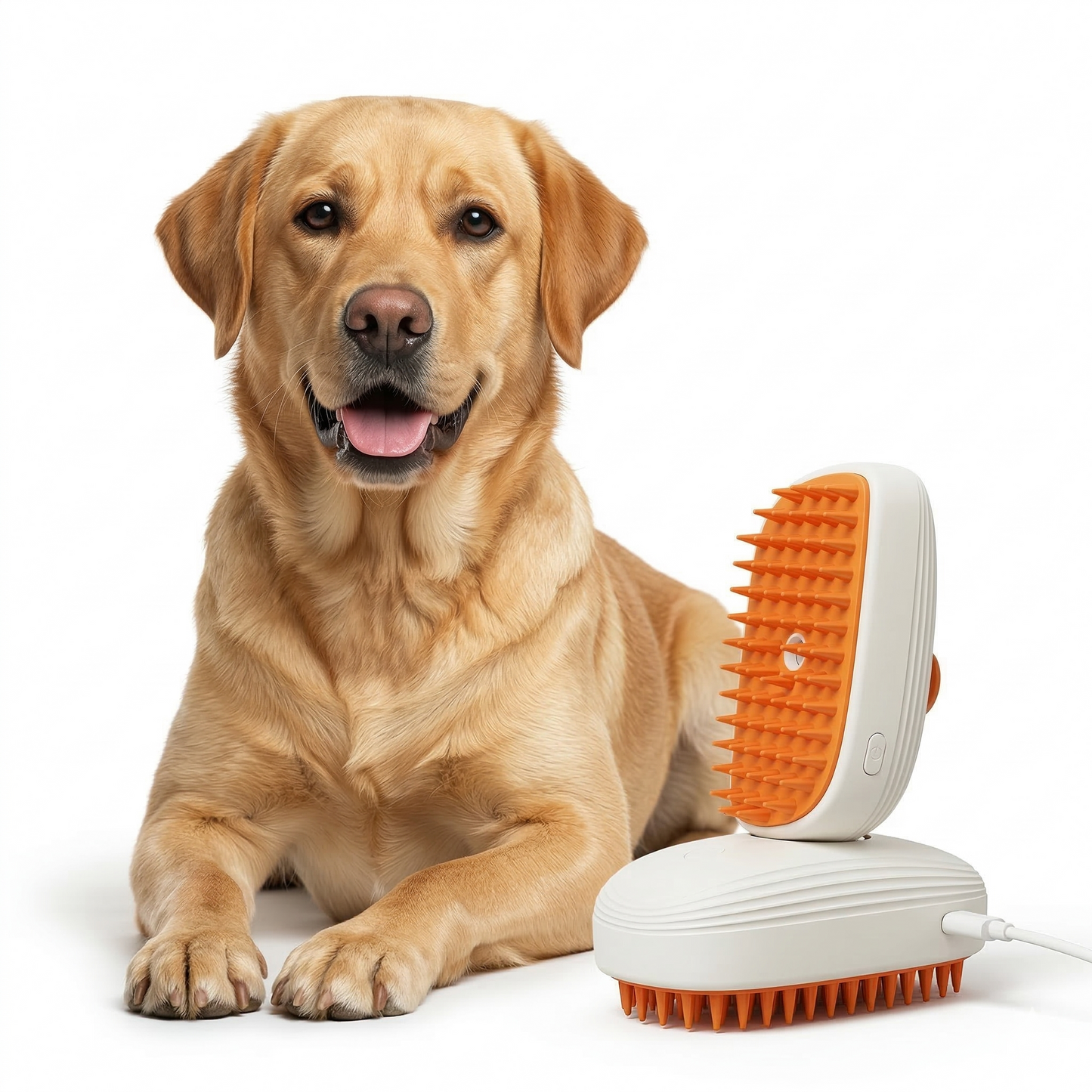 Dog steam brush held in hand highlighting compact cordless grooming tool for removing loose hair from coat
